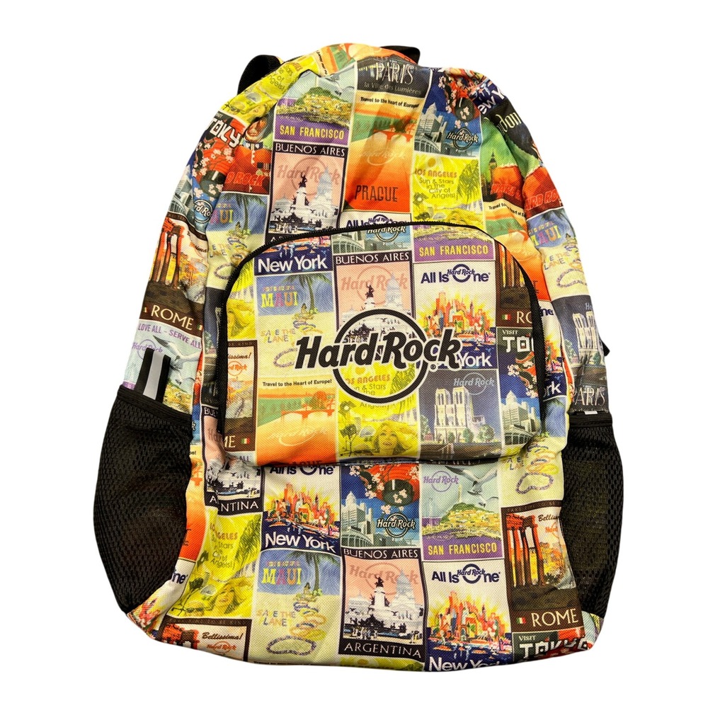 Hard Rock Cafe Backpack Multi Color Postcard City Print Travel Bag IM10015078